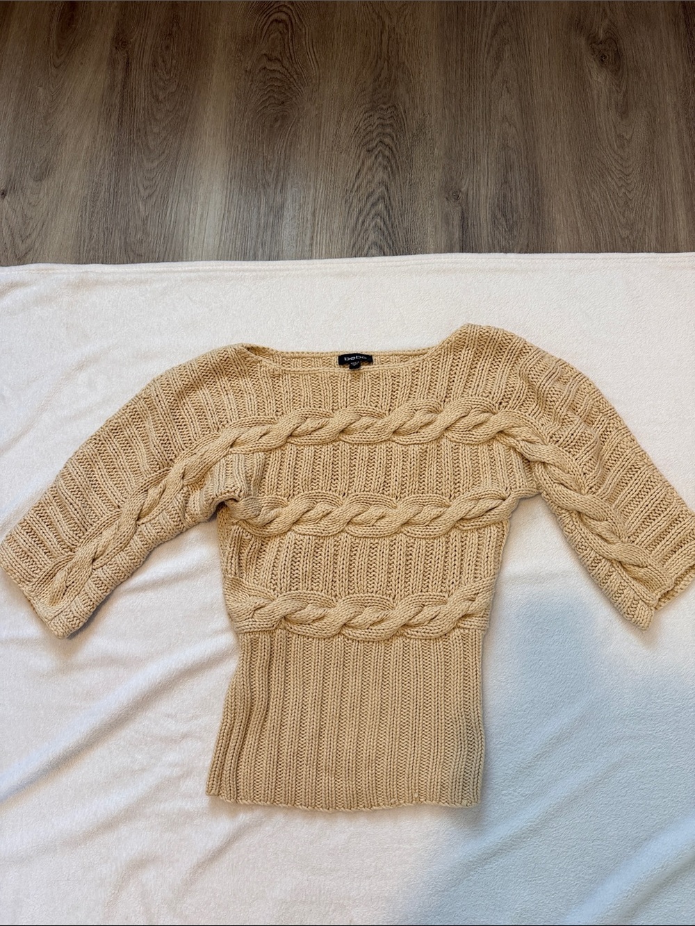 bebe Tan Cable-Knit Short Sleeve Sweater